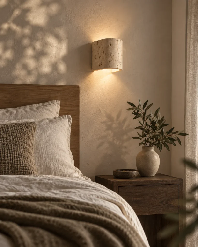 Illustration d’ambiance : chambre aux tons naturels avec une applique et du linge de lit en lin.