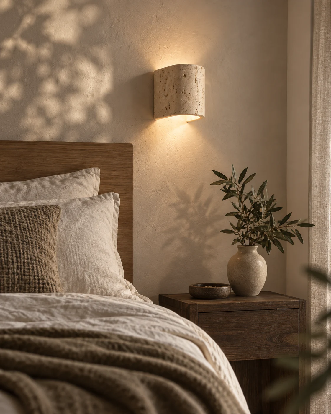 Illustration d’ambiance : chambre aux tons naturels avec une applique et du linge de lit en lin.