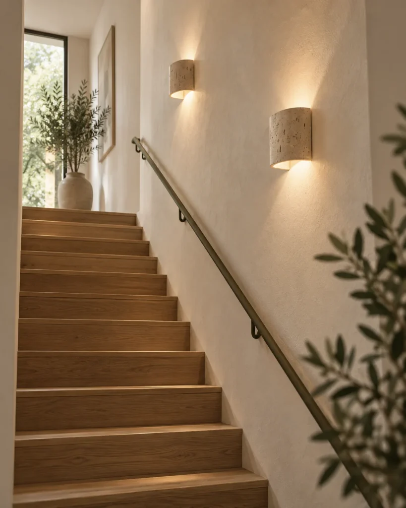 Illustration d’ambiance : escalier en bois éclairé par deux appliques sur un mur ivoire.